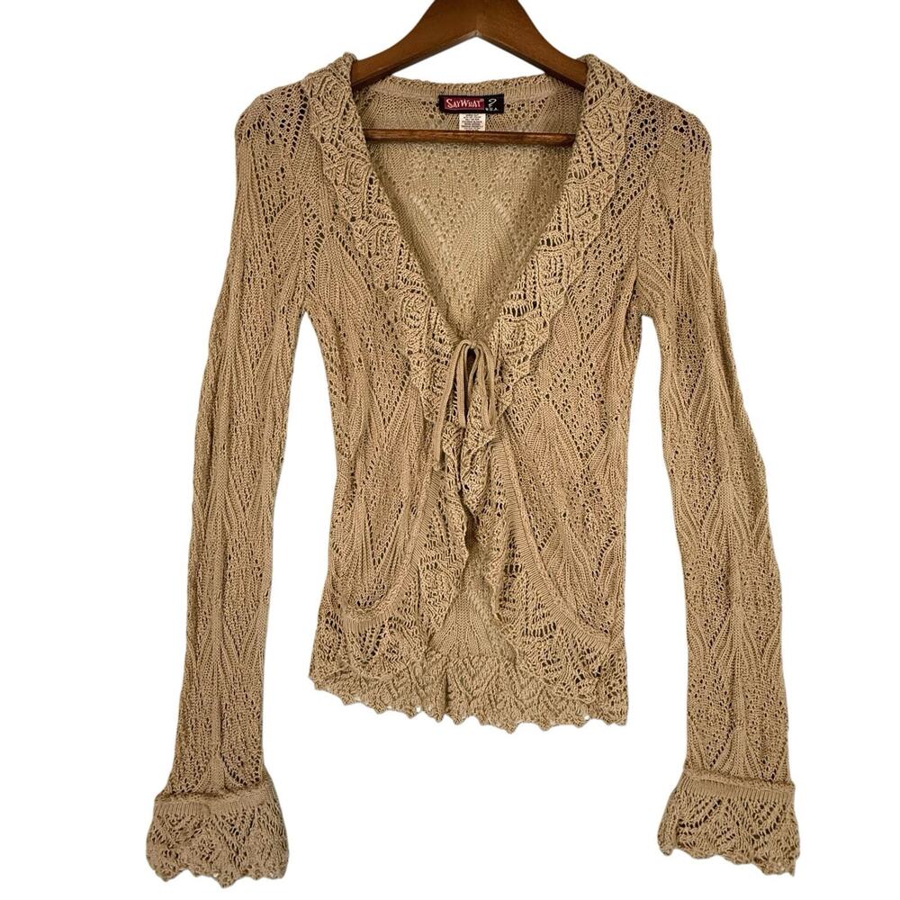 VTG Y2k Crochet Open Knit Tie Front Cardigan Wrapper SIZE MEDIUM Tan USA Ruffle